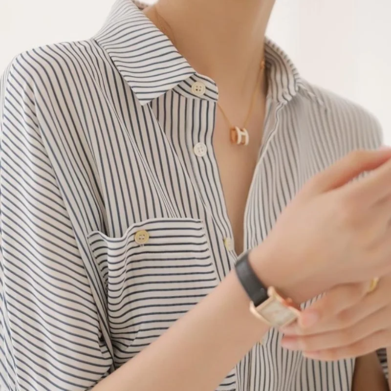 

Women Summer Simplicity Office Lady Loose Striped Polo Collar Short Sleeve Shirts Ladies Fashion All-match Temperament Tops