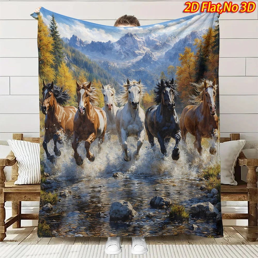 1pc 2D Flat Printing Spring & Summer New Arrival Comfortable Horses Crossing a Stream Flannel Blanket, 100% Polyester Fiber HD D