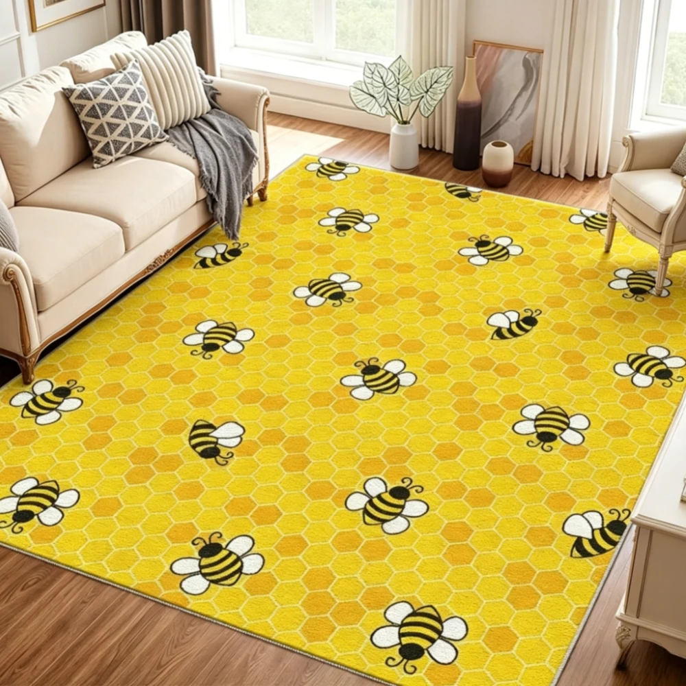 Yellow Bee‑Hive Pattern Floor Rug, Non‑Slip Machine‑Washable for Under‑Bed Indoor Outdoor Home Decor