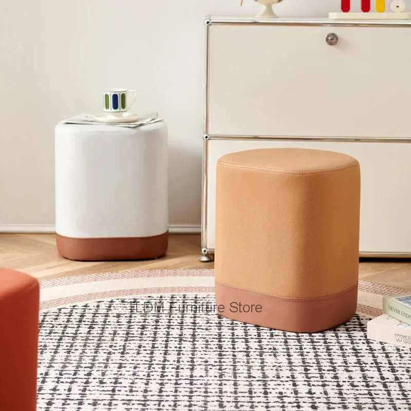 Style Square Ottoman with Leather Upholstery, Multifunctional Footrest Stool for Living Room & Cream Bedroom