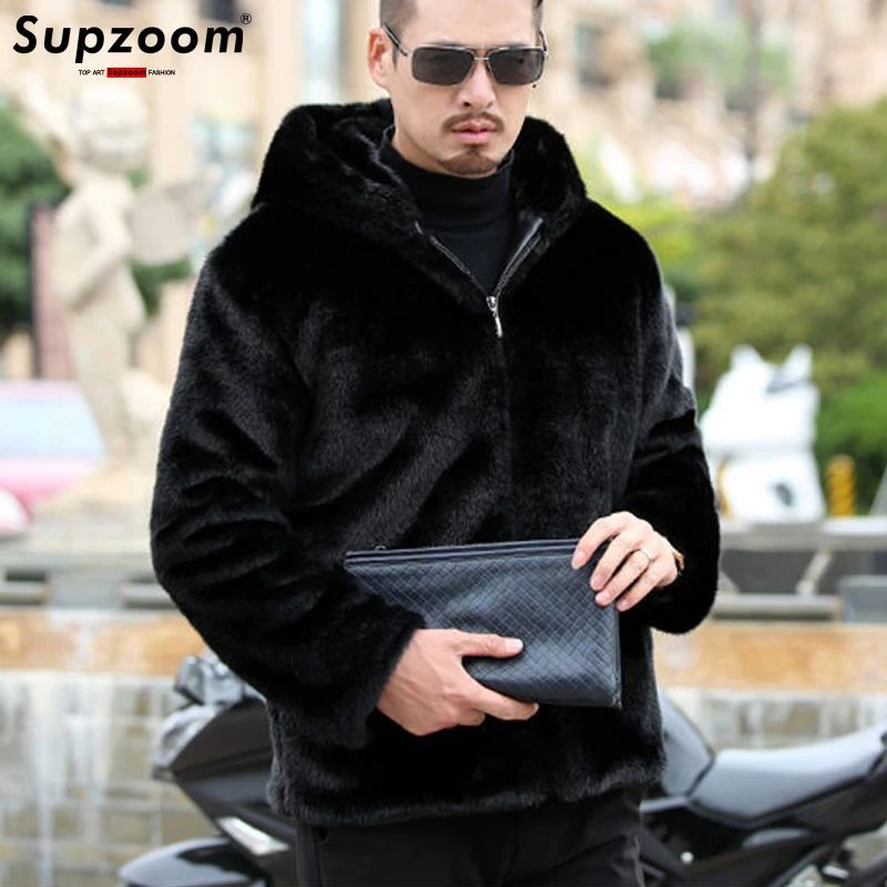 Supzoom 2022 New Arrival Top Fashion Winter Warm Flowing Gold Mink Imitation Sheep Sheared Fur Zipper Men\'s Solid Hooded Jacket