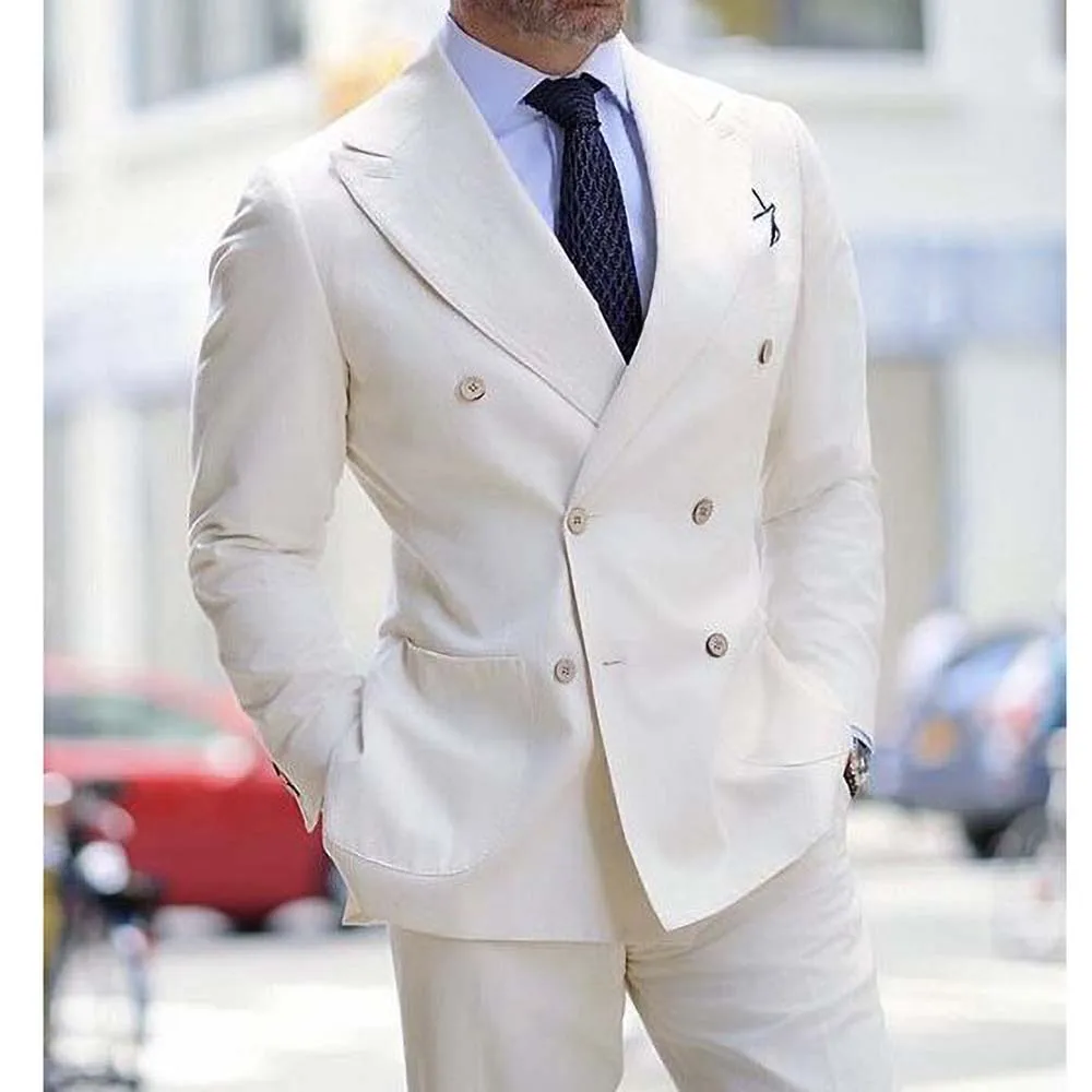 

Chic White Linen Suits for Men Fashion Peak Lapel Double Breasted Male Suit Smart Casual Wedding Tuxedo 2 Piece Costume Homme