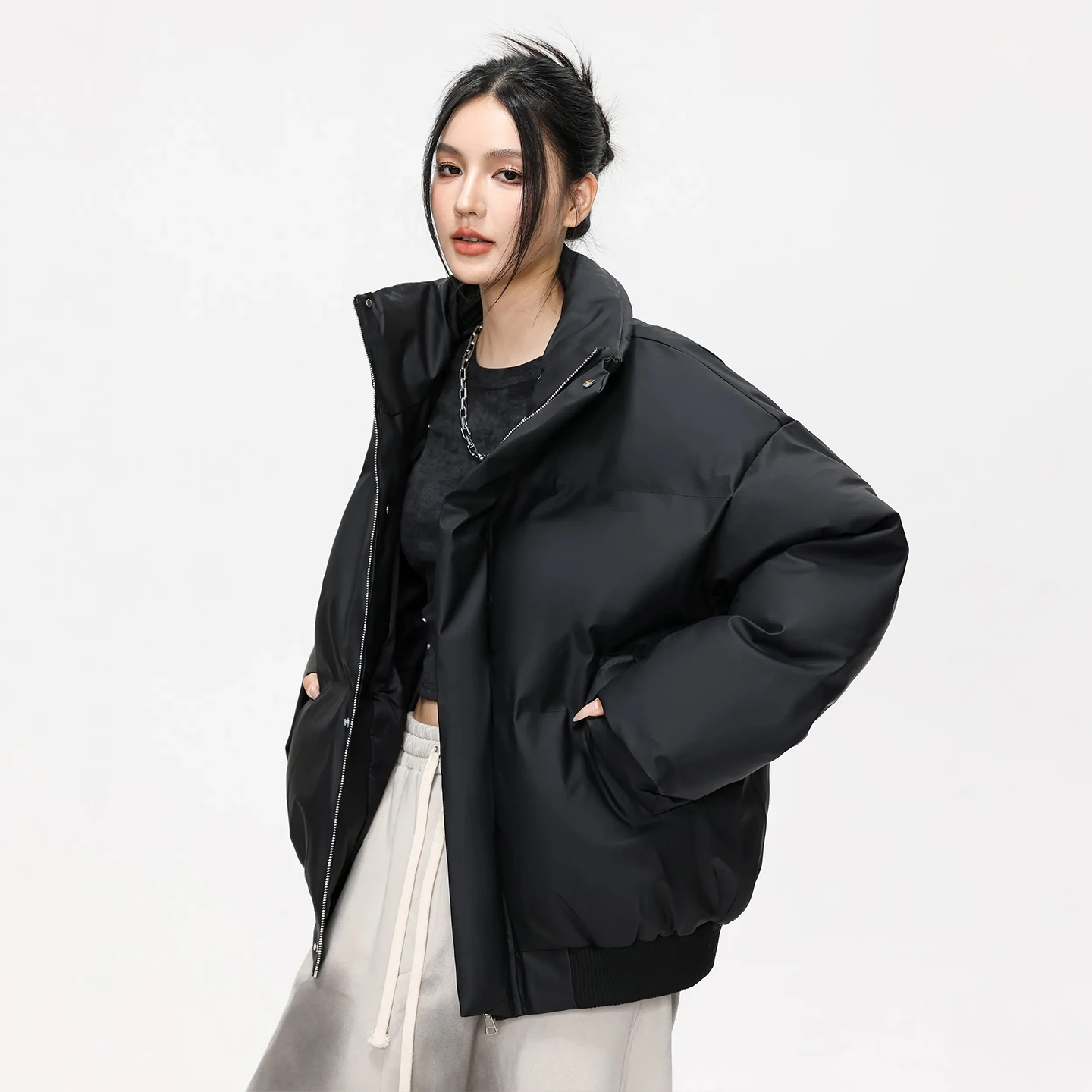 

Jiujiang Men's down Cotton Jaet American Casual Autumn Winter Thiened PU Leather Coat Youth Warm Windproof Waterproof