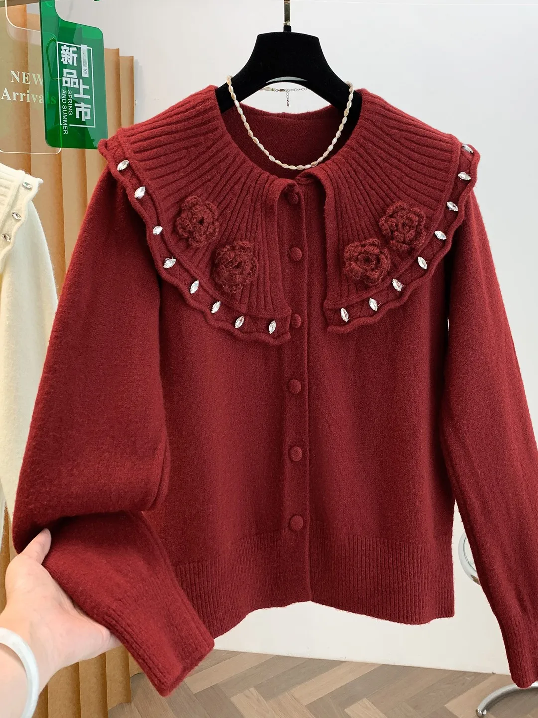  Women's Knitted Cardigan Gentle Heavy Embellished Diamond Large Collar Autumn New Style Casual Loose Fit Top