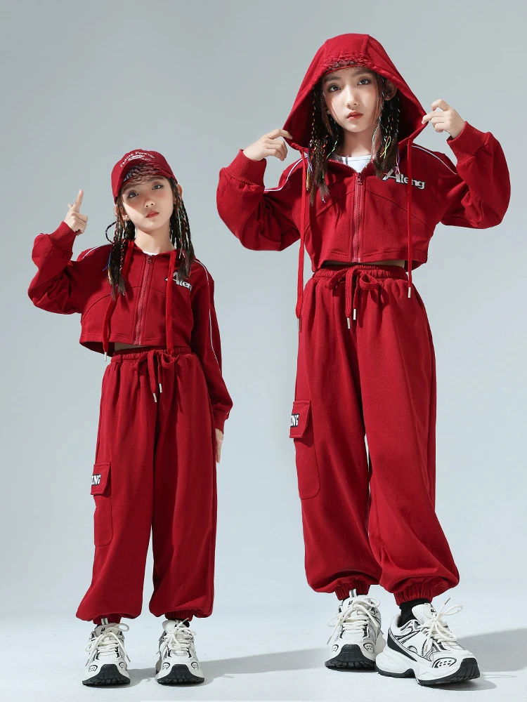 Costumes de danse Hip Hop pour enfants, sweat à capuche rouge pour filles, pantalons Y-adt, tenues d'entraînement, vêtements de danse modernes Jazz, DQS17267, nouveau, 2024