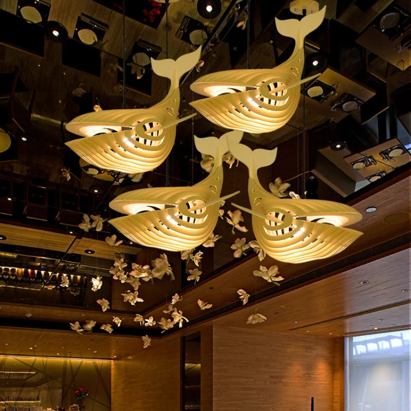 Wooden Whales Pendant Lamps Japanese Wabi Sabi Fish Shape Chandelier for Restaurant Kitchen Island Shop Light Fixture Home Decor