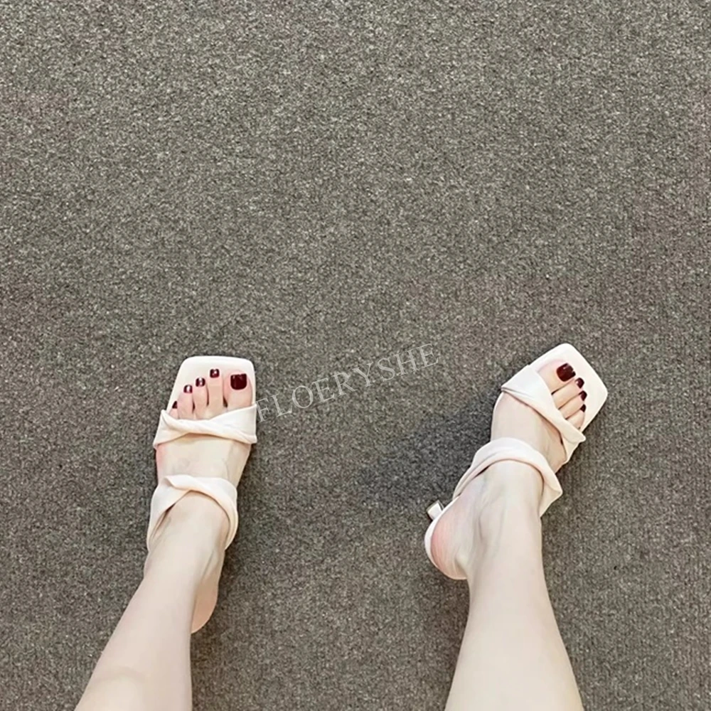 Pink Square Toe Stiletto Slippers New Arrival Solid Women Thin High Heel Party Slip-on Sweet Dress Sandals