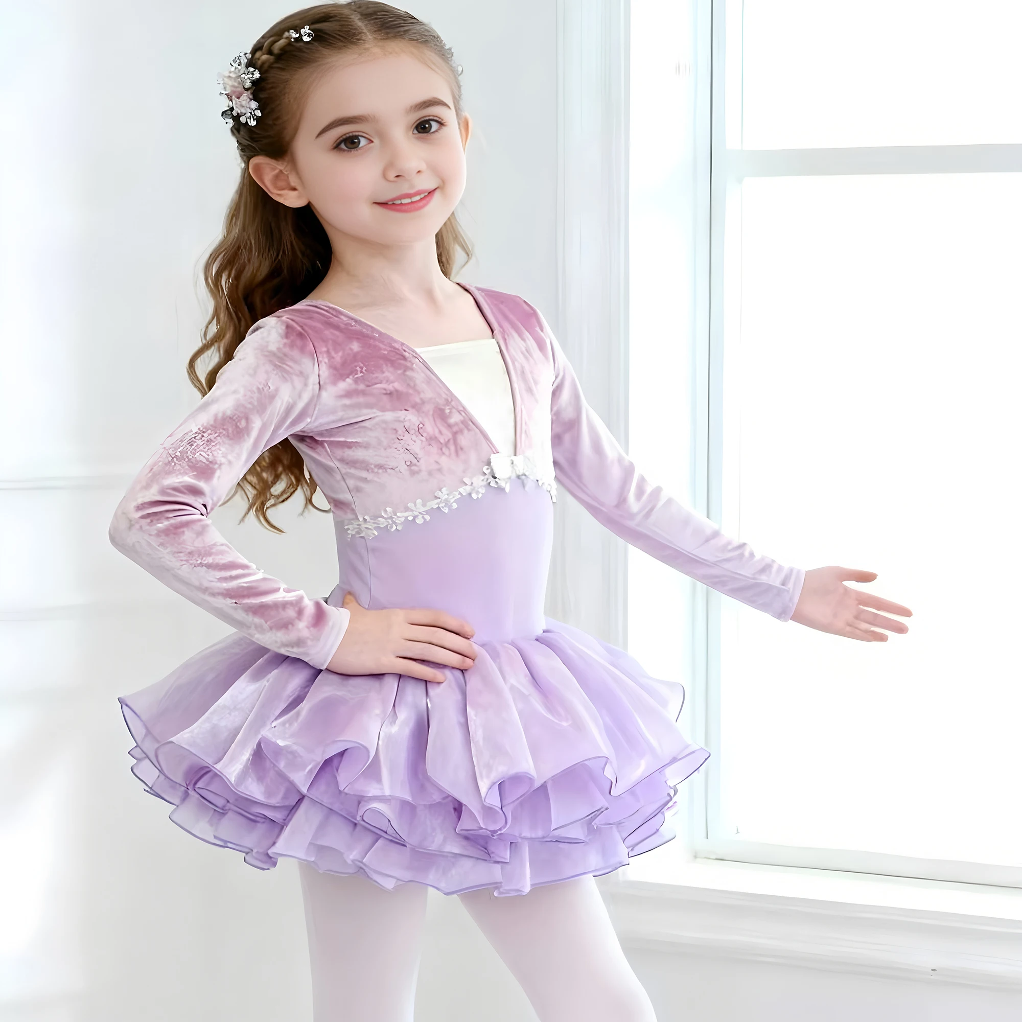 New Velvet Children's Dance Dress Tight Sweet Comfortable Ballet Dress Girls' Long Sleeve Mesh Jumpsuit Gymnastics Dresses