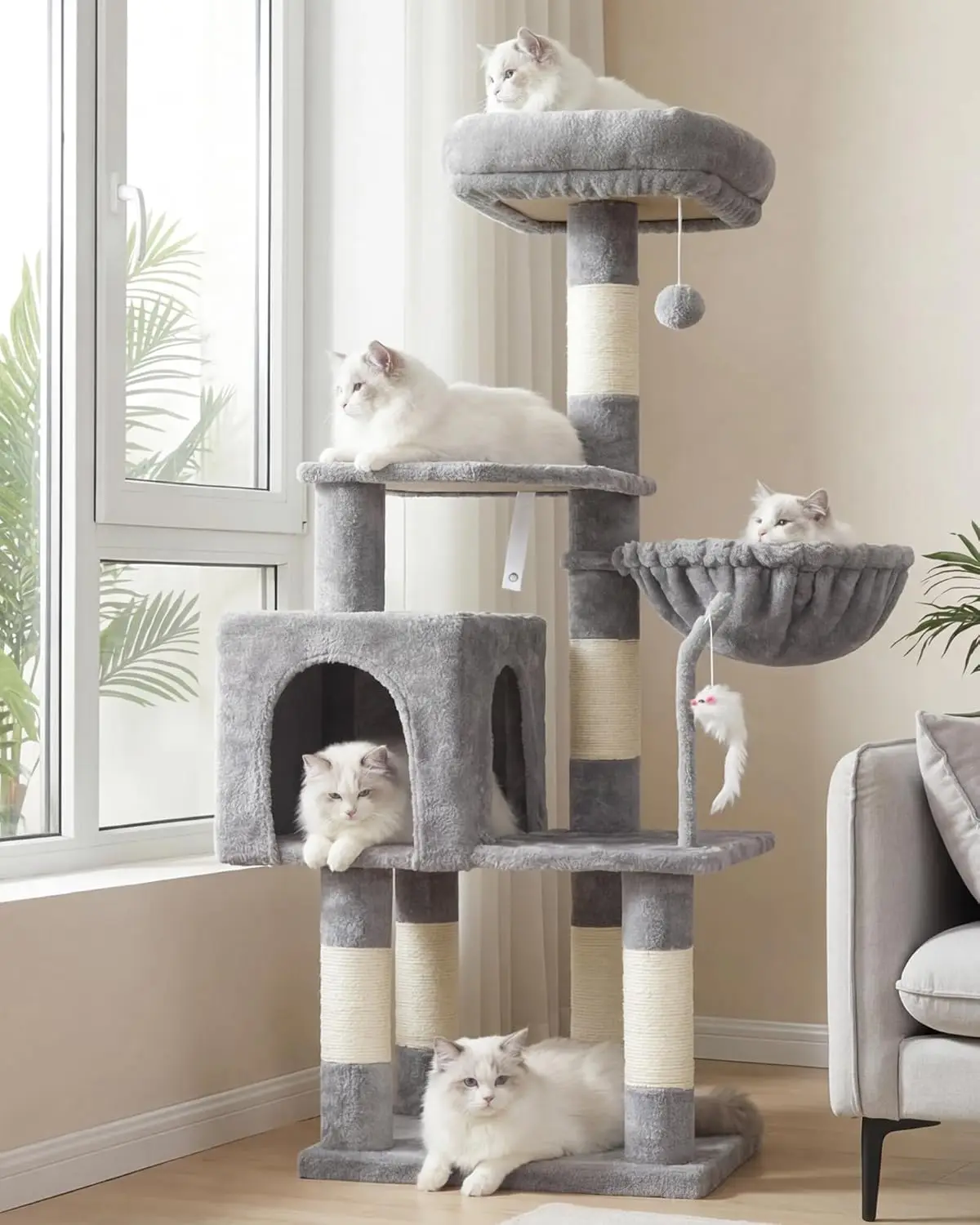 

Cat Tree with Toy, Tower Condo for Indoor Cats, Padded Perch, Hammock and Sisal Scratching Posts in Light Gray