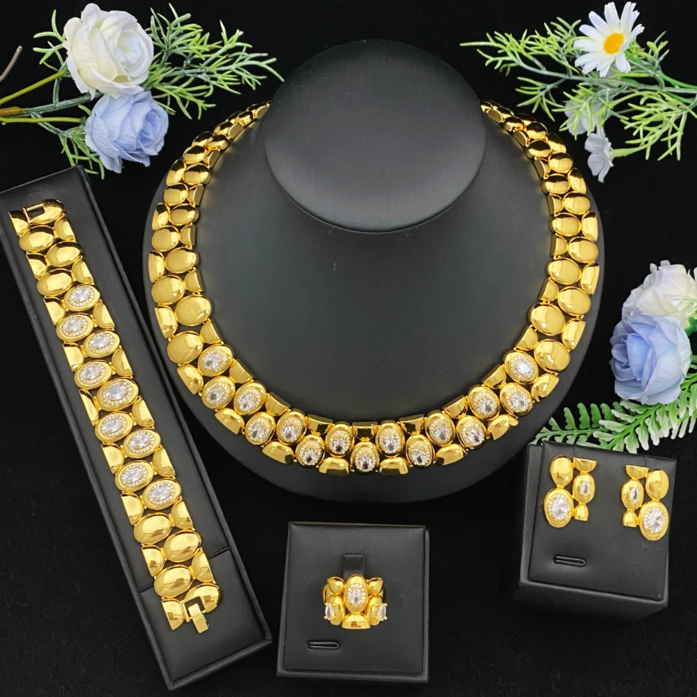 

JRH позолоченный свадебный комплект ювелирных изделий с искусственным цирконием, ожерелье, браслет, кольцо, серьги, комплект для невесты в Дубае, стиль