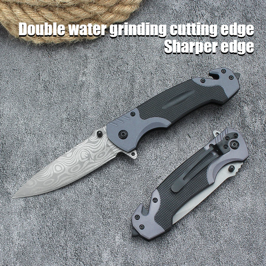 Stainless Steel Folding Knife Pocket Defense Pocket Knife Outdoor Damascus Pattern Tactical Survival Knife Camping Folding Knife