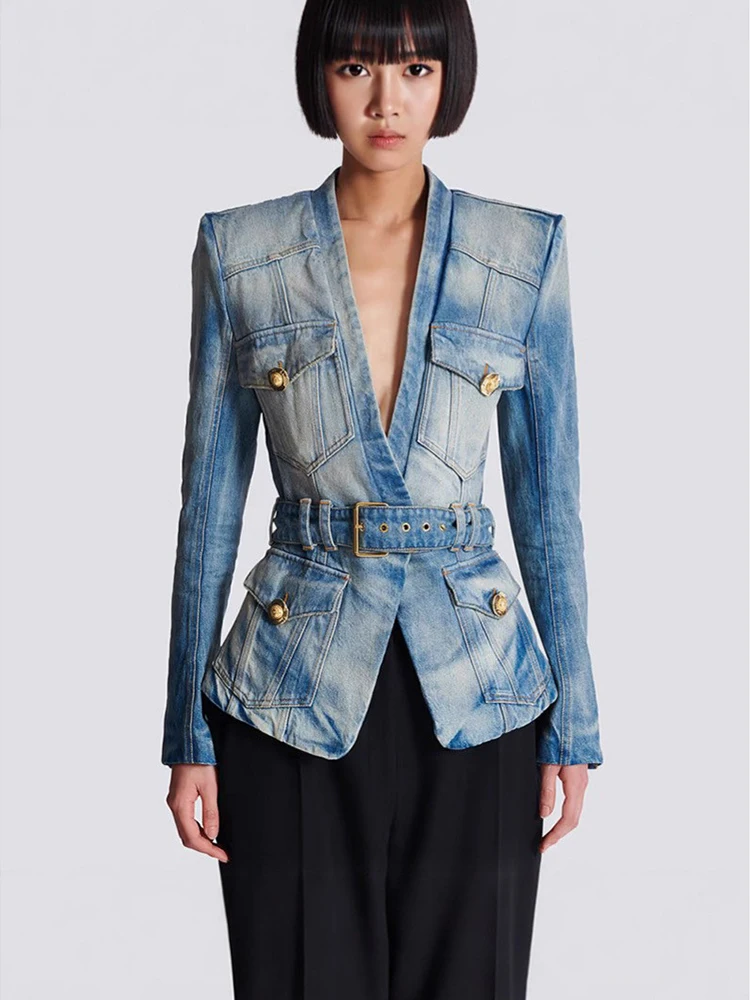 HIGH Quality 2026 Newest Designer Jacket Women's Belt Slim Fitting  Lion Buttons Denim Blazer