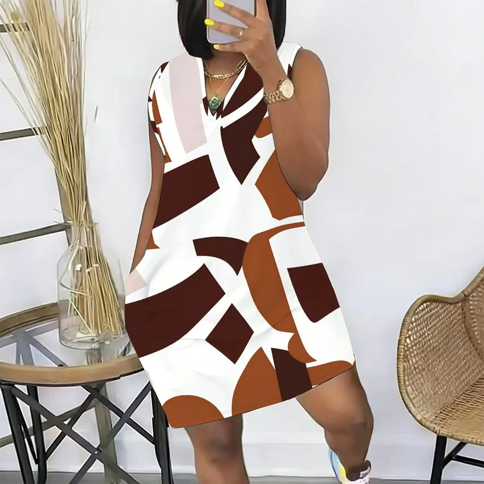 Plus Size Summer Pocket Midi Dress Women's Commuting Casual Knee Length Skirt Ladies Sexy V-neck Printed Dress