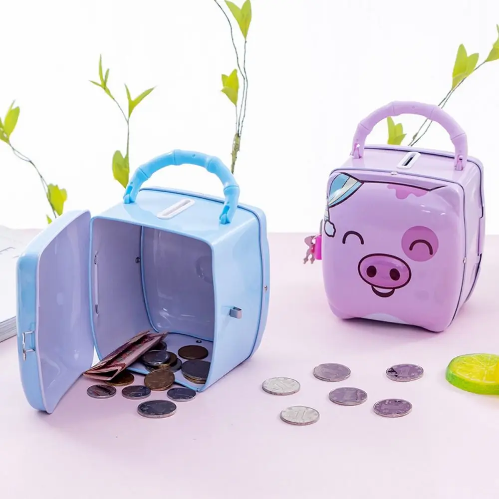 Cartoon Piggy Money Bank with Lock Key Tinplate Money Saving Box Pig Shape Coin Bank Handheld Piggy Bank For Children Gift