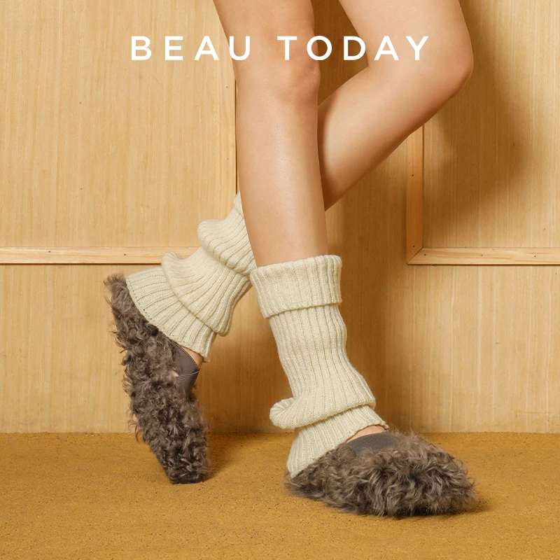 BEAUTODAY Mary Janes Women Wool Round Toe Solid Color Shallow Flats Slip-on Casual Ladies Shoes Handmade 28513
