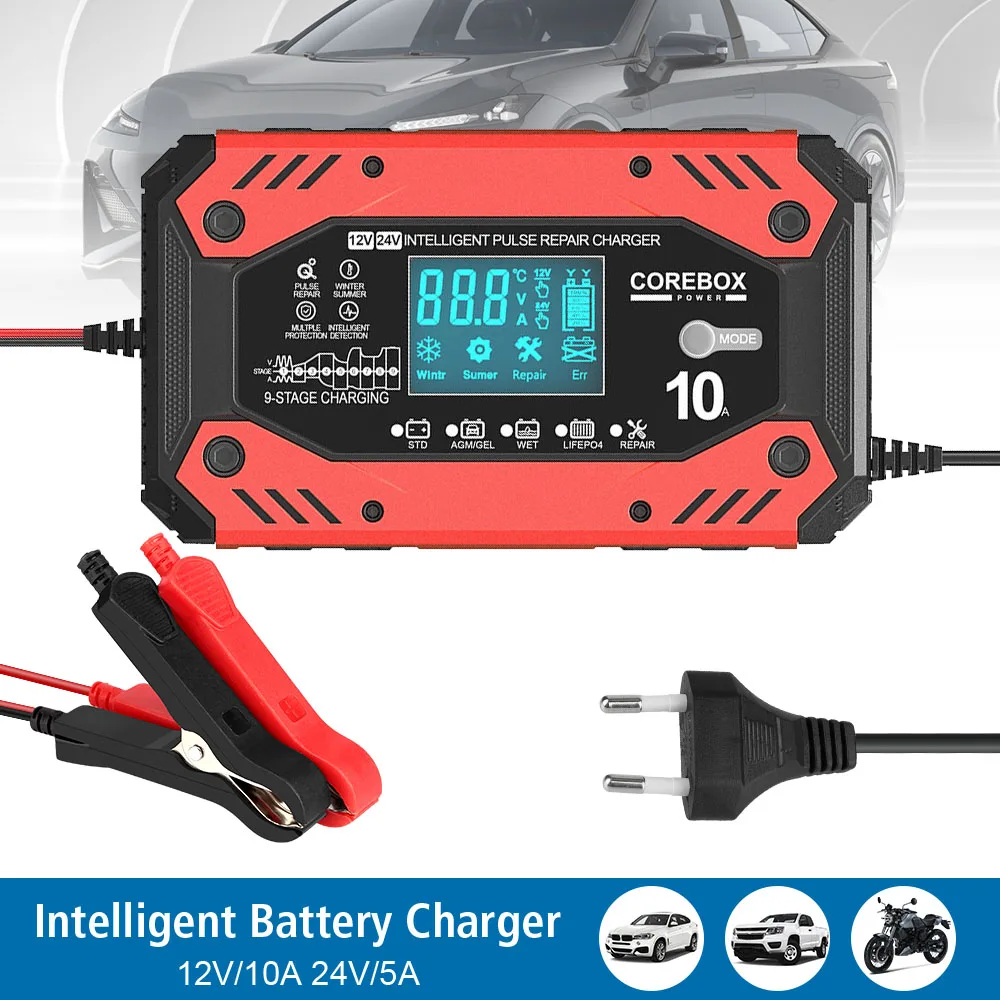 Intelligent Maintenance of Lead Acid Battery Car and Motorcycle Battery Charging Devices 12V 10A Automotive Battery Charger AGM