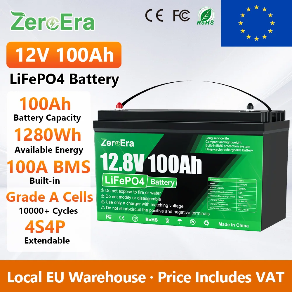 ZeroEra 12V 100AH LiFePO4 Batterie 1280WH Lithium-Eisenphosphat-Batterie mit eingebautem 100A BMS-Schutz, Tiefzyklus, 4S4P erweiterbare Kapazität für Off-Grid-Wechselrichter, Wohnmobile, LKW,