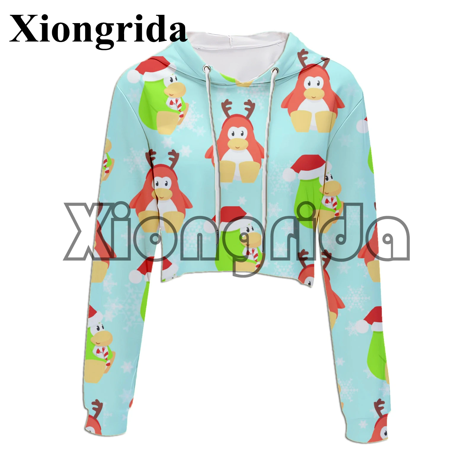 Sudadera corta Y2K con capucha para mujer, suéter de manga larga con estampado 3D de Navidad, informal, bonito pingüino