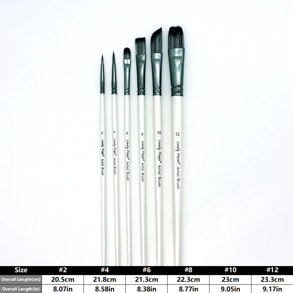 6Pcs Mixed Tip Paint Brush Set, Round Flat Angular Filbert Brushes with White Wooden Handle for Acrylic Watercolor Oil Painting