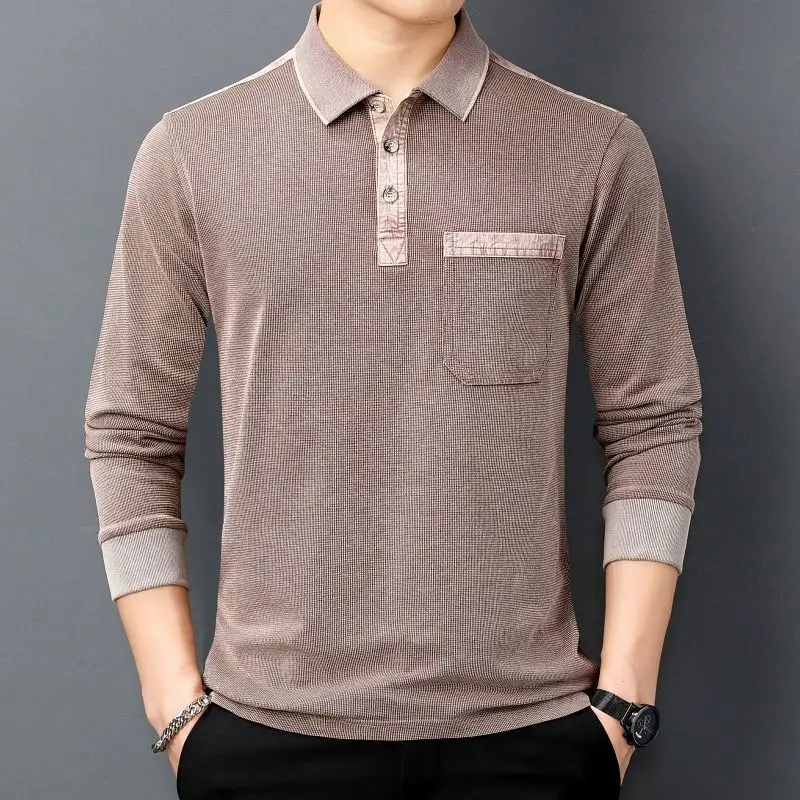 Business Casual Men Polo Shirts Spring Solid Lapel Button Pocket Streetwear Fashion Office Social Long Sleeve Tops JJ312