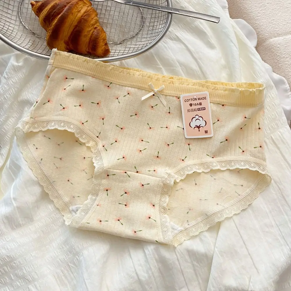 5Pcs Bowknot Lace Flower Panties Cotton Crotch Mid Waist Sweet Floral Briefs Underpants Lingerie Underwear for Women Lady