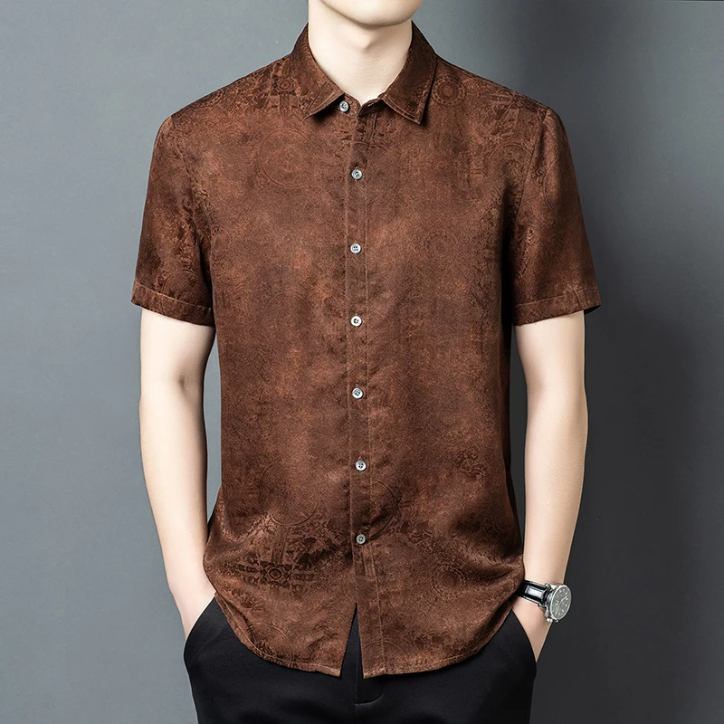 Gambiered Canton Gauze Shirts For Men Short Sleeve Skin-Friendly Summer Quality Geniune Silk 100% Print Luxury Camisas De Hombre