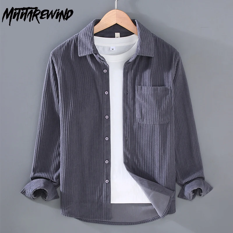 

2024 New Mens Long Sleeve Shirt Autumn Workwear Daily Causal Shirts Lapel Solid Corduroy Vintage Shirt with Pocket Simple Tops