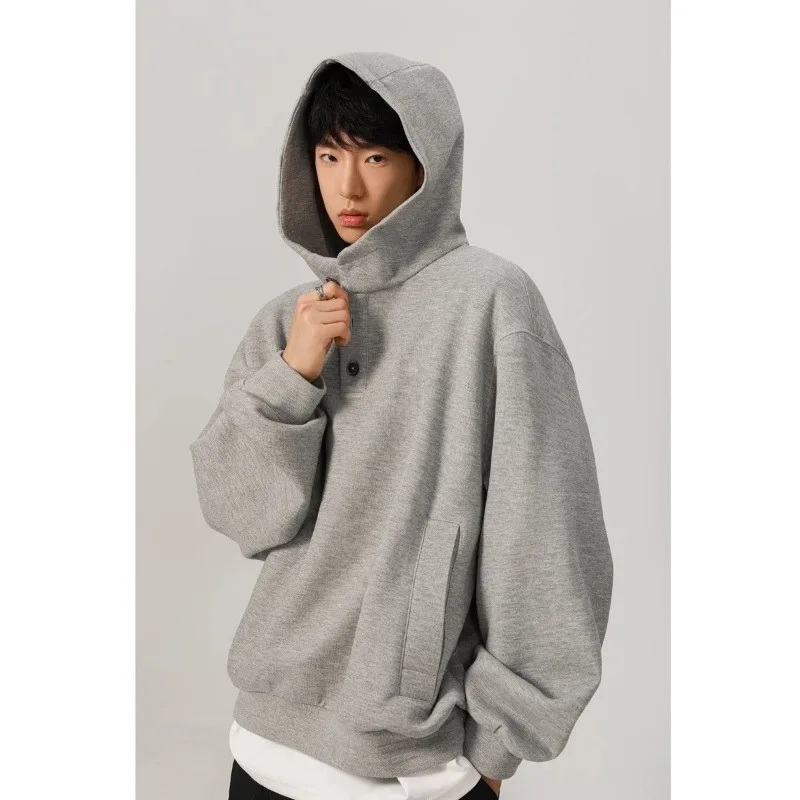American Henley Collar Button Hooded Sweatshirt Men in Autumn Winter Trendy Brand Loose Niche Design Casual Jacket
