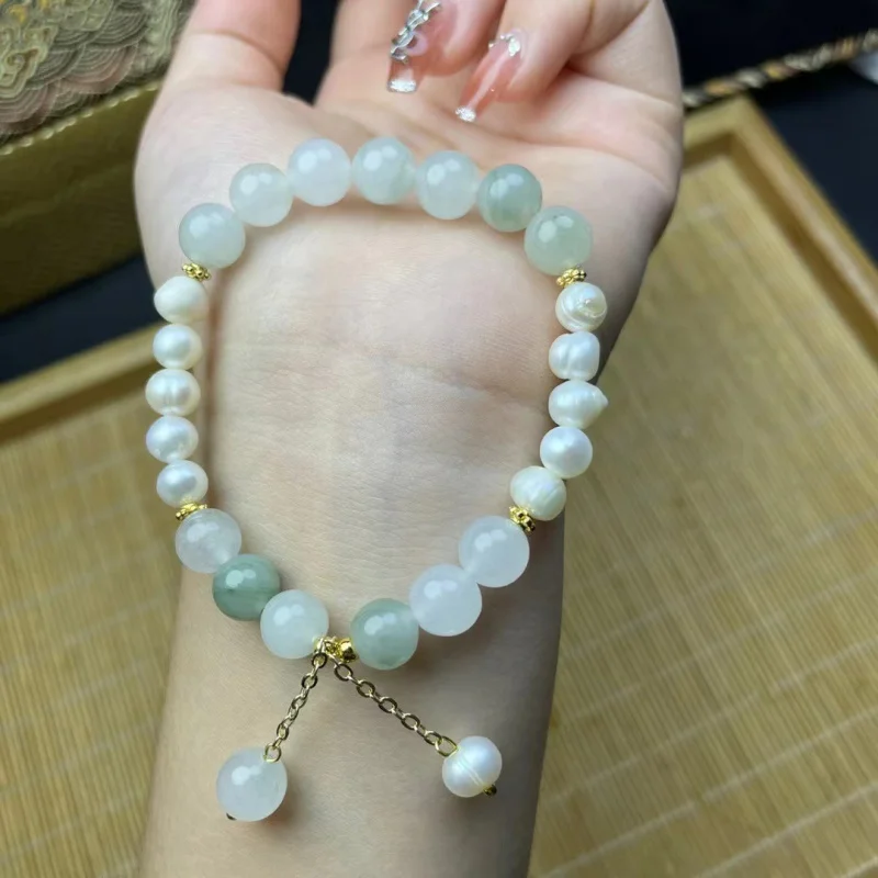 Natural Xinjiang Tianshan Jade Bracelet Freshwater Pearl Beaded Bracelet Live Source Round Beads Women's Ruyi Jade Color Barrel