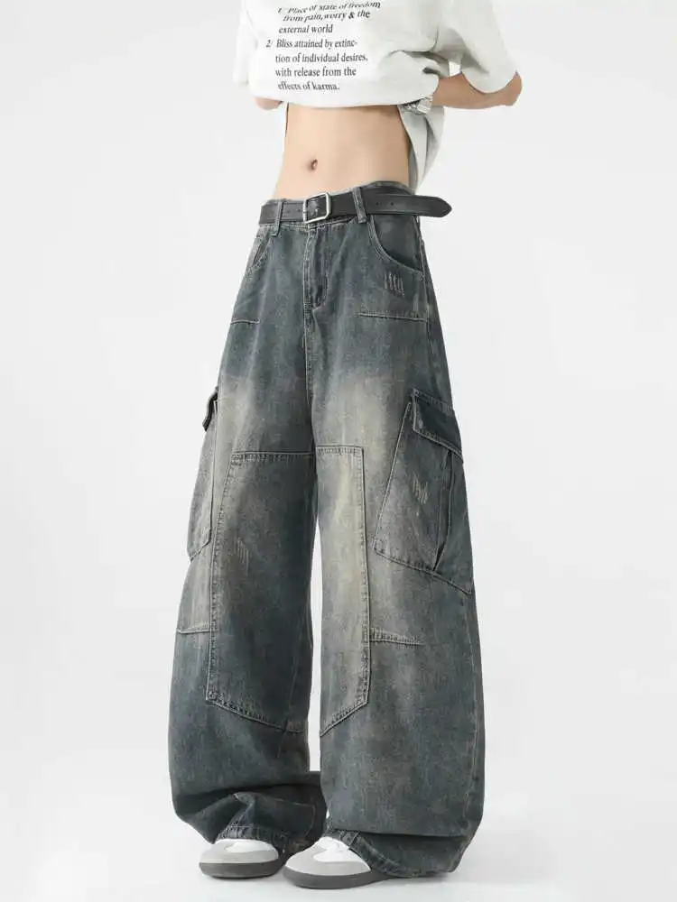 

Women Dark Blue Y2k Cargo Jeans Baggy Grunge Denim Trousers Vintage Boyfriend Jeans Long Pants Japanese 2000s Style Clothes 2025