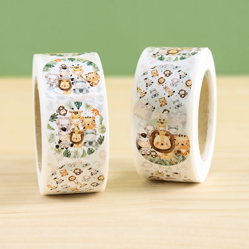 500 قطعة من ملصقات حيوانات الغابة ملصقات عيد ميلاد سعيد سفاري موضوع ديكور الحفلات لاستحمام الطفل للأطفال مستلزمات حفلات أعياد الميلاد الأولى #4