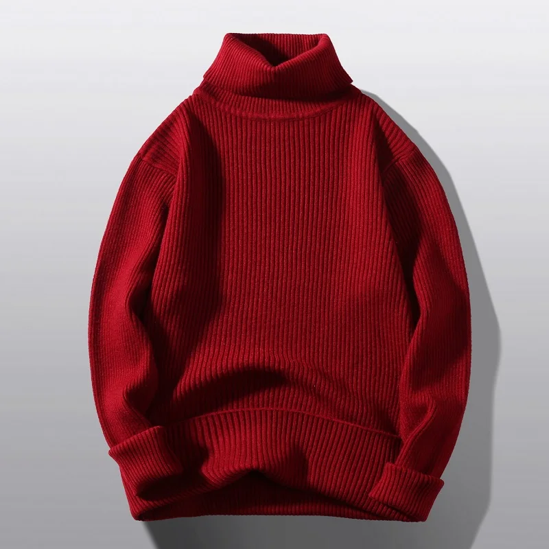 

New Solid Color Turtleneck Sweater Men's Long Sleeve Slim Fit Warm Knit Striped Pullovers Sweater