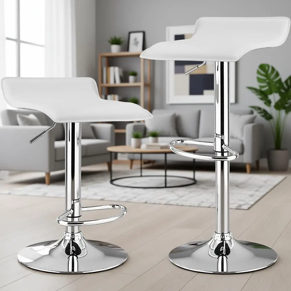 

Set of 2 Swivel Adjustable Height Bar Stools with PU Leather Seats and Chrome Base, White