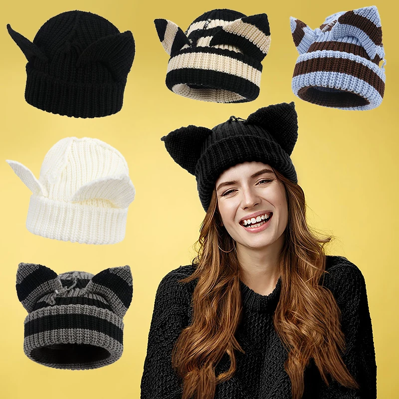 Kobiety Kocie Ucho Dzianinowa Czapka Little Devil Striped Knitted Hat Jesień Zima Gruba Ciepła Czapka Harajuku Miękka Szydełkowa Czapka Basin