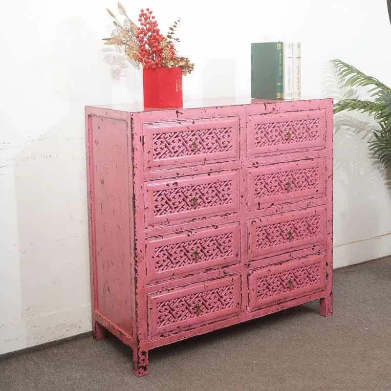 Retro engraved craft solid wood desktop chest cabinet, drawer-type compartment storage reasonable partition life porch cabinet