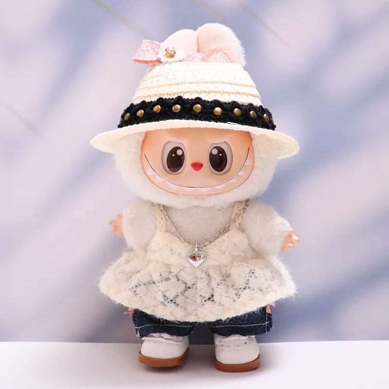 

Elegant Style Outfits For 1st-3rd Gen 15/17cm Labubu White Camisole Dress Denim Pants With Black Trimmed White Hat