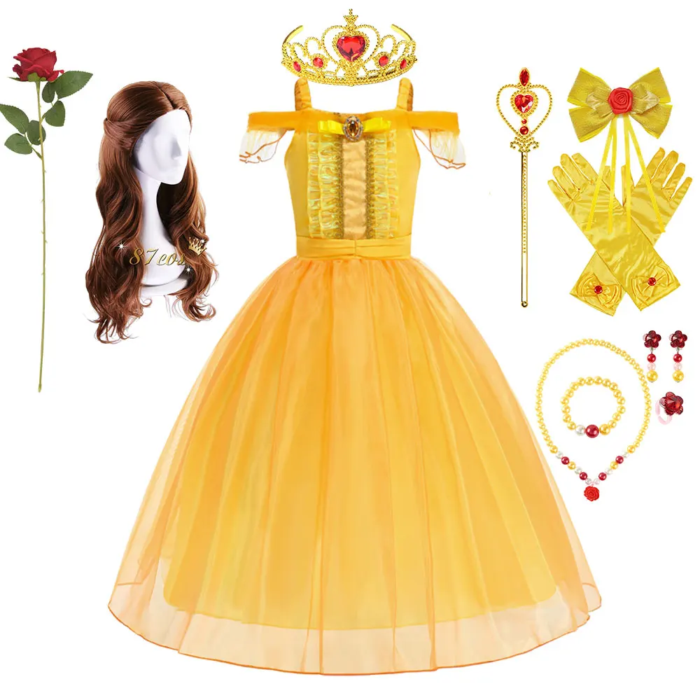 Girls 2026 Royal Yellow Ball Gown Princess Vestido Carnival Festival Cosplay Beauty and the Beast Apparel Halloween Belle Dress