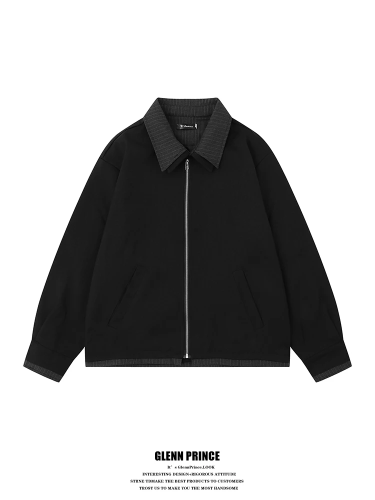 

mat Mixed Stripe Splice Fake Two-Piece Jaet Men's Sle Cleanfit Outerwear Autumn Season Polyester Fiber Long Sve...