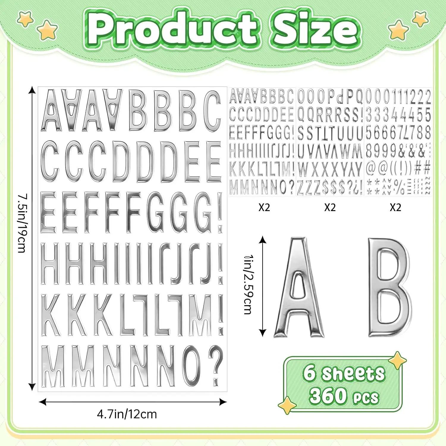 360Pcs Silver Foam Alphabet Number Stickers, 1 Inch 3D Puffy Self‑Adhesive Letter Stickers 6 Sheets for Graduation Cap,Signs