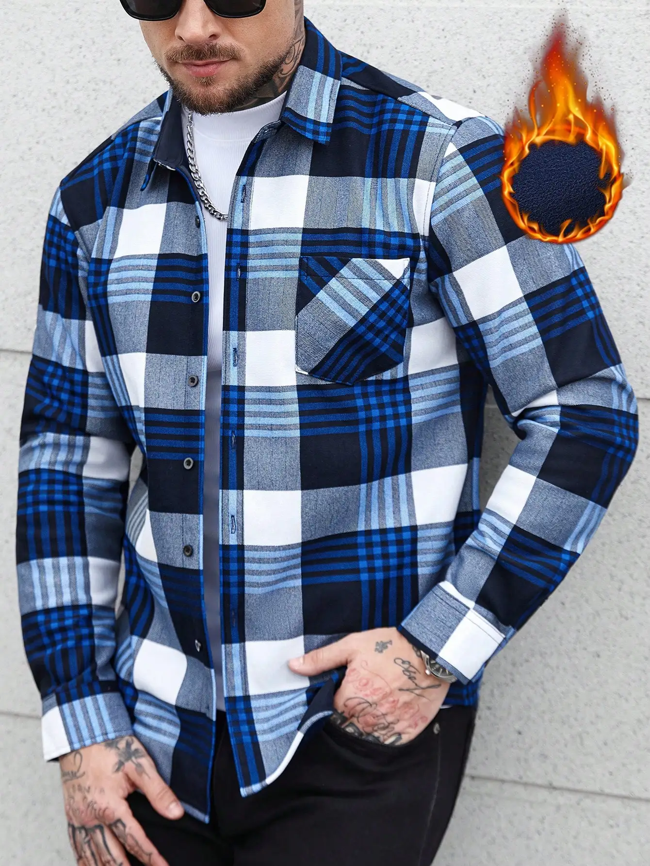 

Men's Warm Fleece-Lined Plaid Button-Up Long Sleeve Shirt, Blue Black White
