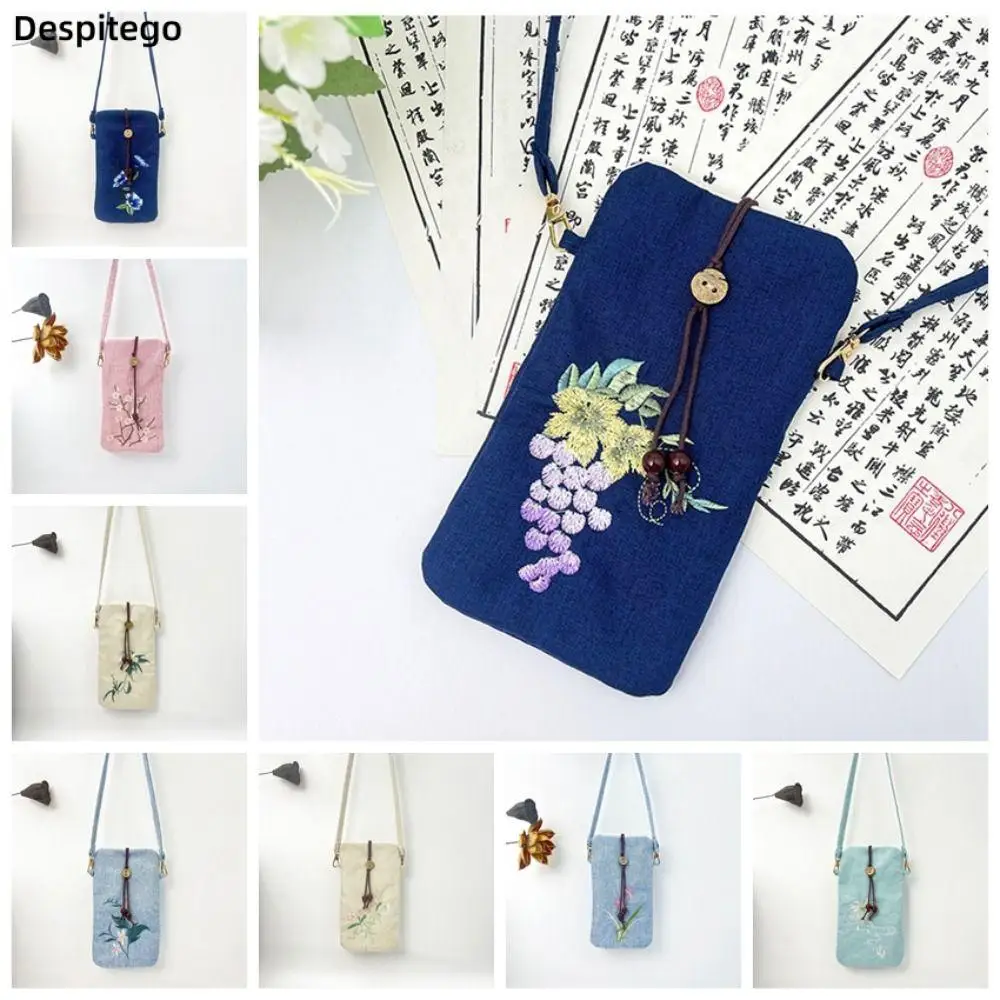 Ancient Style Embroidery Phone Bag Chinese Style Purse Versatile Crossbody Bag Handbags Cotton Linen Flower Shoulder Bag