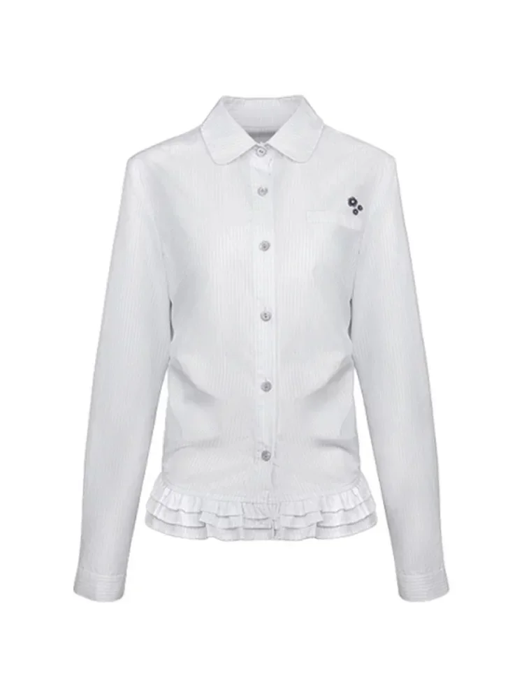 Kawaii – chemise à rayures blanches pour femmes, manches longues, broderie florale, mode coréenne, chemisiers à volants, ample, Preppy JK, hauts de printemps, nouveau