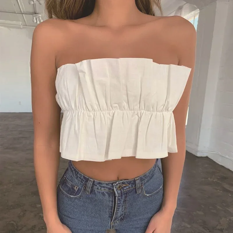 

Red Pink Ruffle Crop Top Women 2023 Sexy Holiday Ladies Blouses Elastic Tied Back Beachwear Summer Cropped Top Shirts Sleeveless