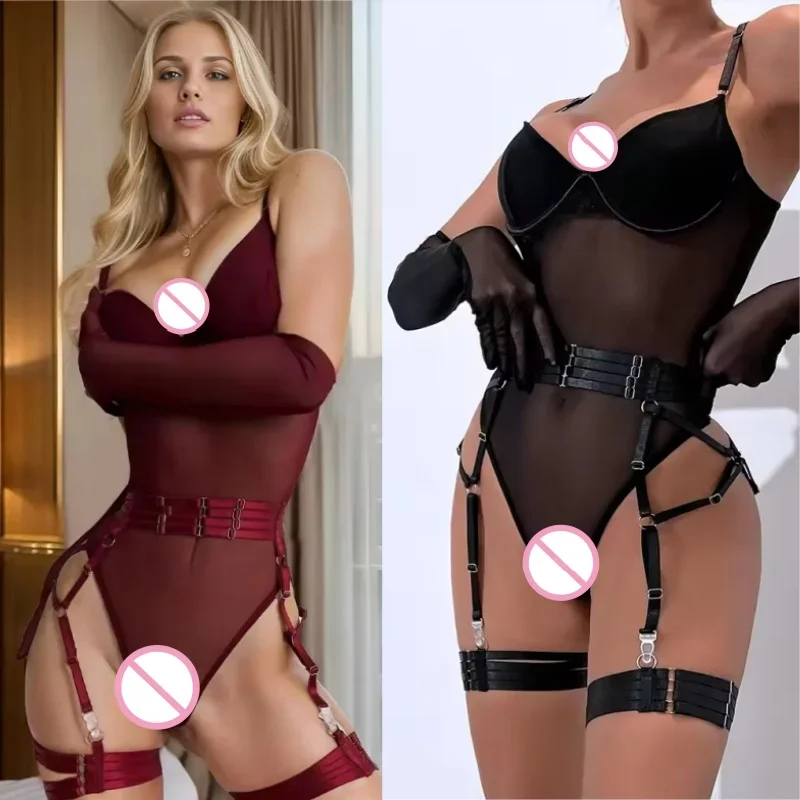 أطقم ملابس داخلية حسية مثيرة للنساء شفافة من خلال بدلة ضيقة من الدانتيل الشبكي مع قفازات رباط ملابس داخلية رائعة أزياء مثيرة