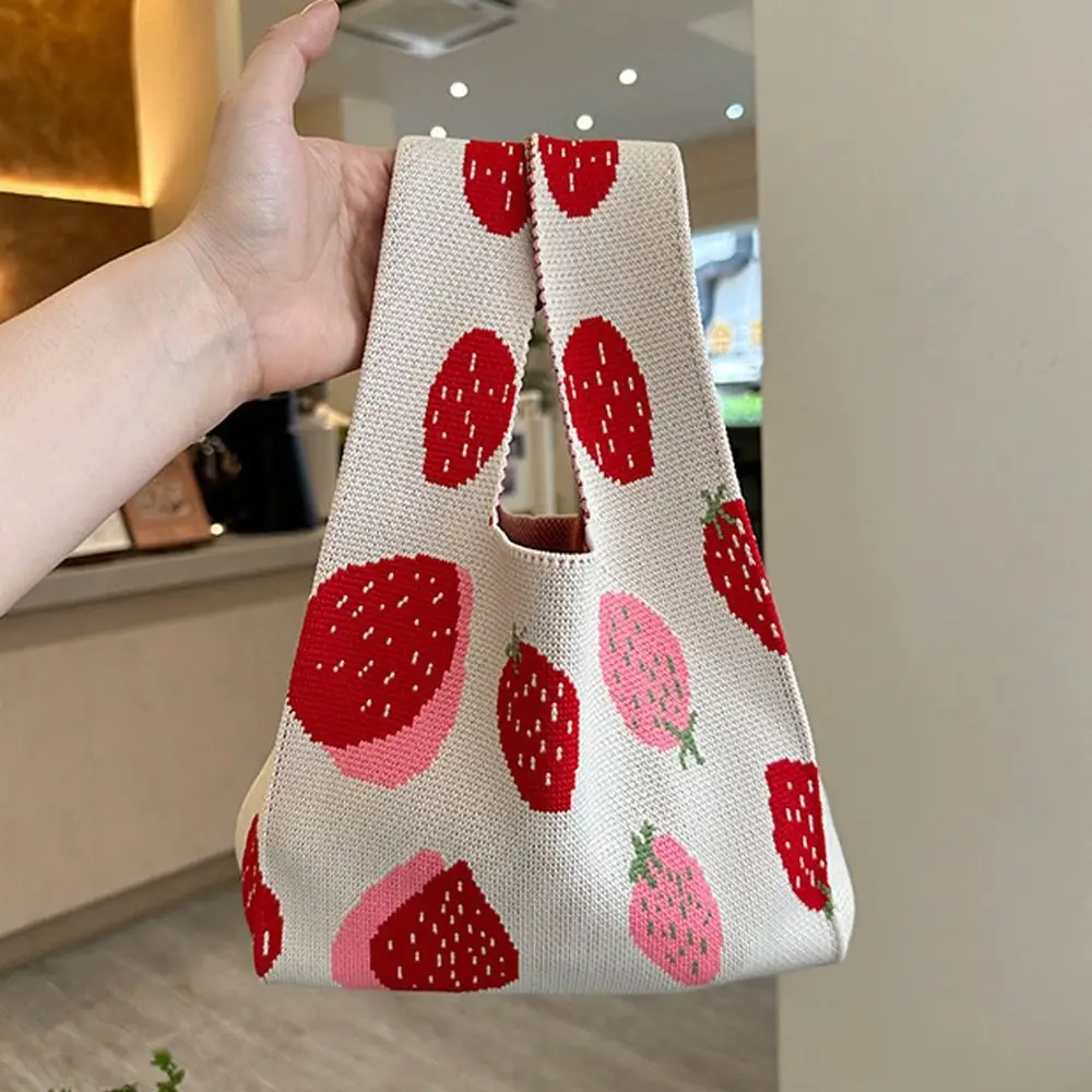 

Handle Bag Candy Color Makeup Lipstick Bag Fruits Mini Knot Knitted Bag Small Ins Handbag Strawberry Wrist Bag Women Tote Bag