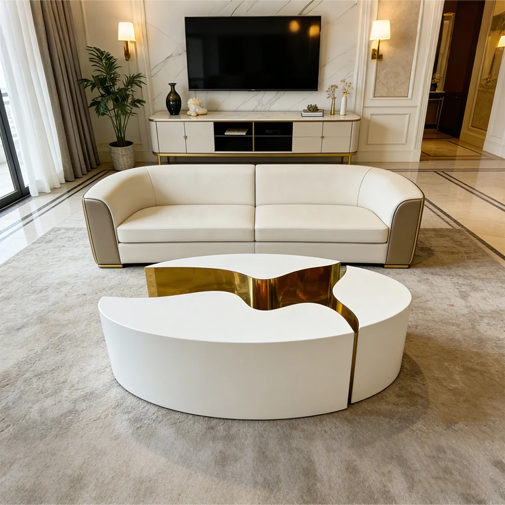 

loModern Luxury Coffee Table Set White Irregular Geometric Center Tables Polished Gold Base Minimalist Living Room Furniture&