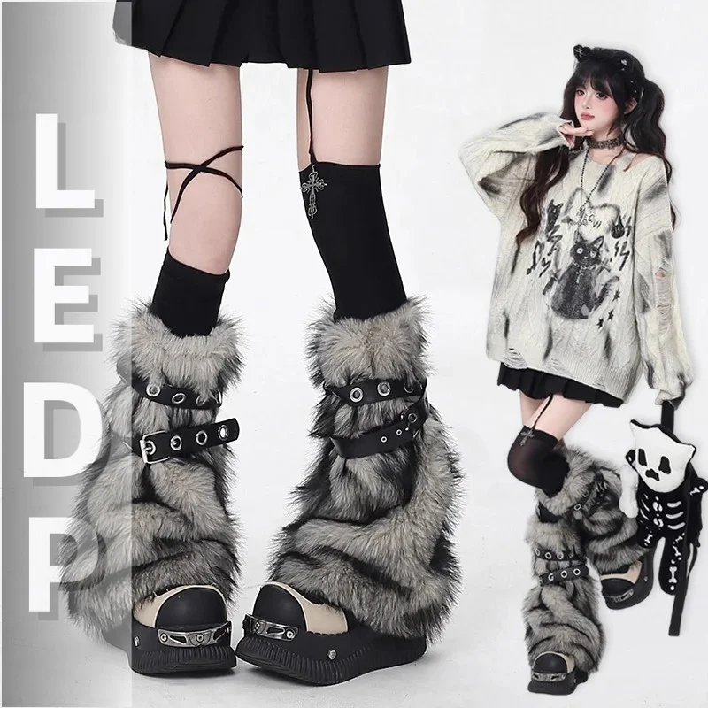 IMU Woman Furry Leg Warmers with Belt Vintage Y2k Gyaru Faux Fur Boots Cover Fall Winter Long Socks Grunge Acubi Fashion