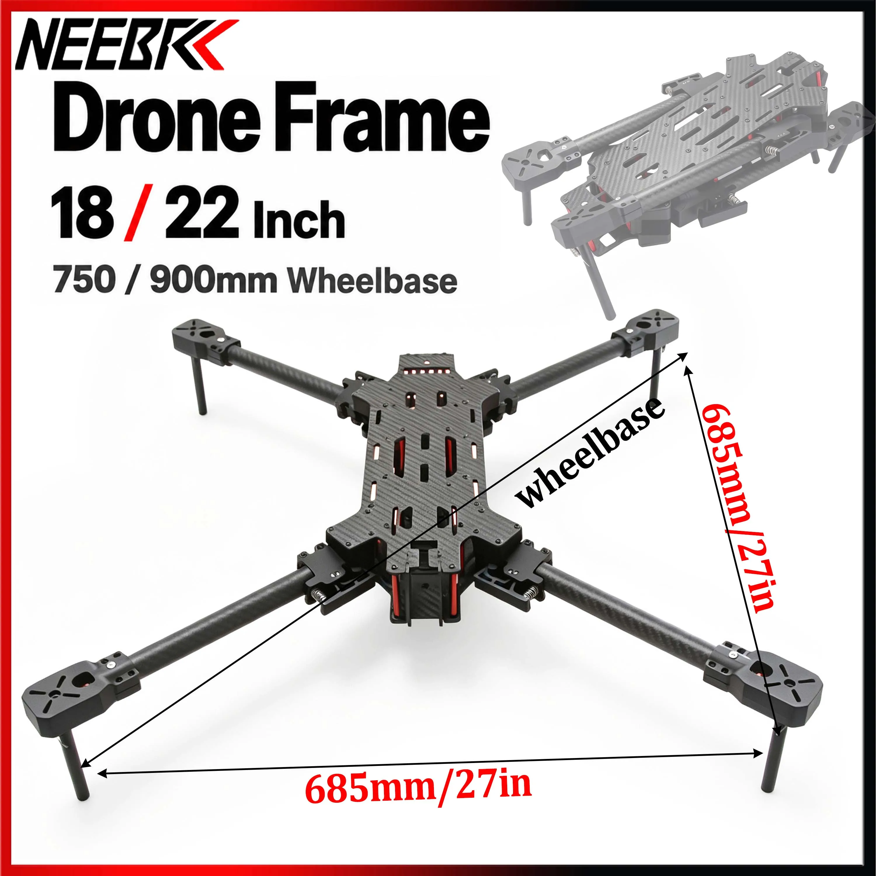 18inch 22inch Folding Drone Frame Carbon Fiber 750mm 900mm Wheelbase Heavy Lift UAV Frame for Agricultural Mapping Quadcopter