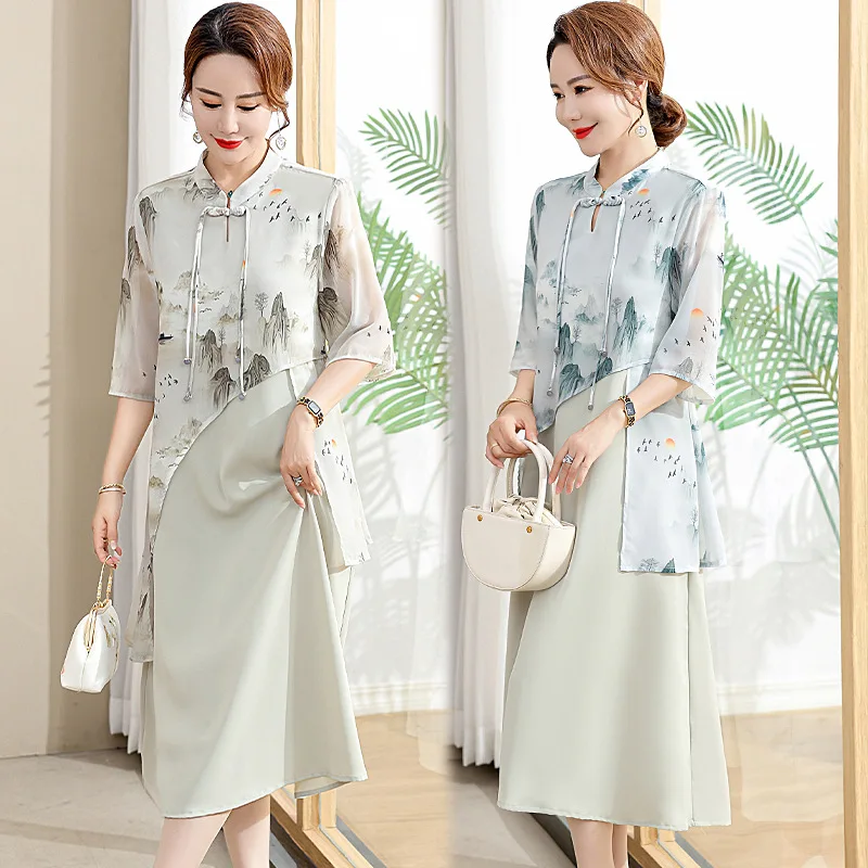 

Mid Long Chesongam Lady Elegant Print Qipao Summer Autumn Vestidos Chinese Style Mandarin Collar Dresses Bigsize 4Xl 5Xl