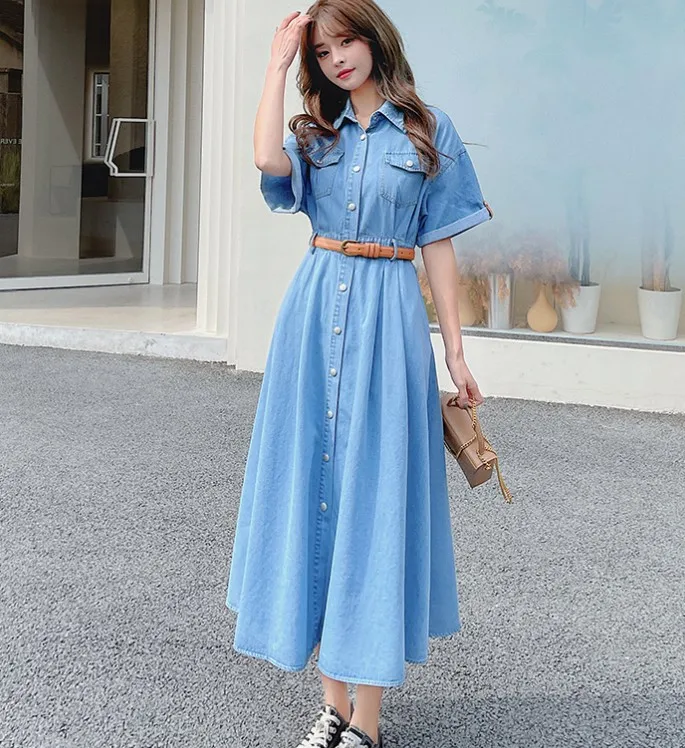 Casual Women Denim Dress 2024 Elegant Fashion Short Sleeve Turn-Down Collar Single Breasted High Waist Vintage Dress Female